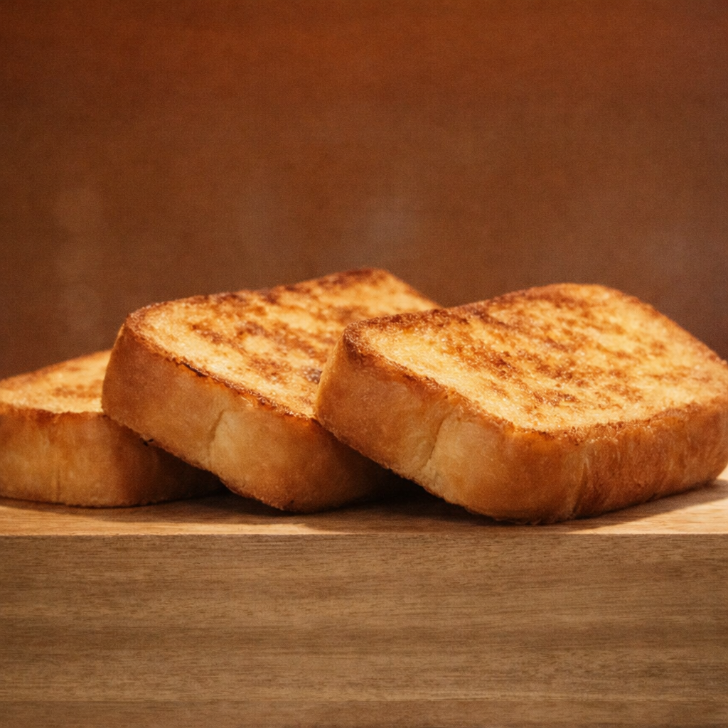 Tranches de brioche dorées sur bois